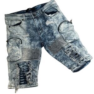 Focus Moto Denim Cargo Shorts Men 32 Blue Acid Wash Distressed Y2K EUC Zippers